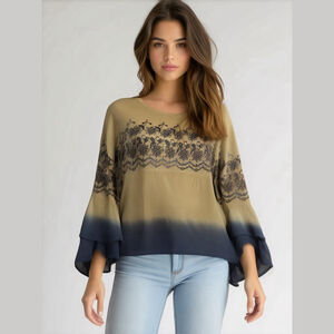 Studio West Apparel Blouse Womens XL Blue Embroidered Floral Bell Sleeves Boho